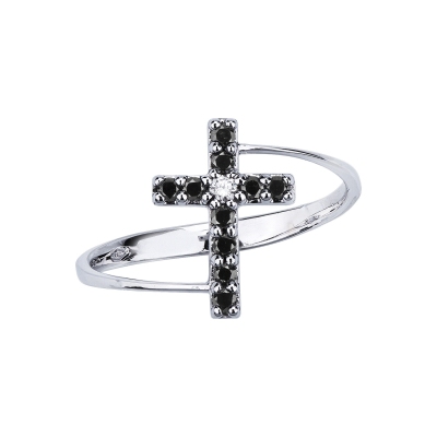 White gold 18k cross ring with black and white diamonds 