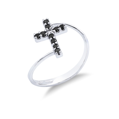 White gold 18k cross ring with black and white diamonds 