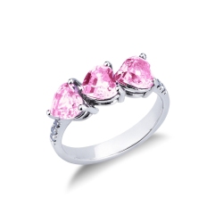 White gold 18k ring with three pink sapphires heart cut and diamonds