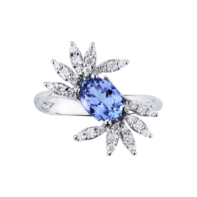 White gold 18k ring with tanzanite oval cut and radial diamonds 