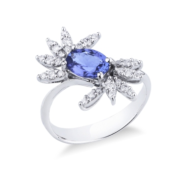 White gold 18k ring with tanzanite oval cut and radial diamonds 