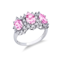 18k white gold halo ring with three pink sapphires oval cut and diamonds