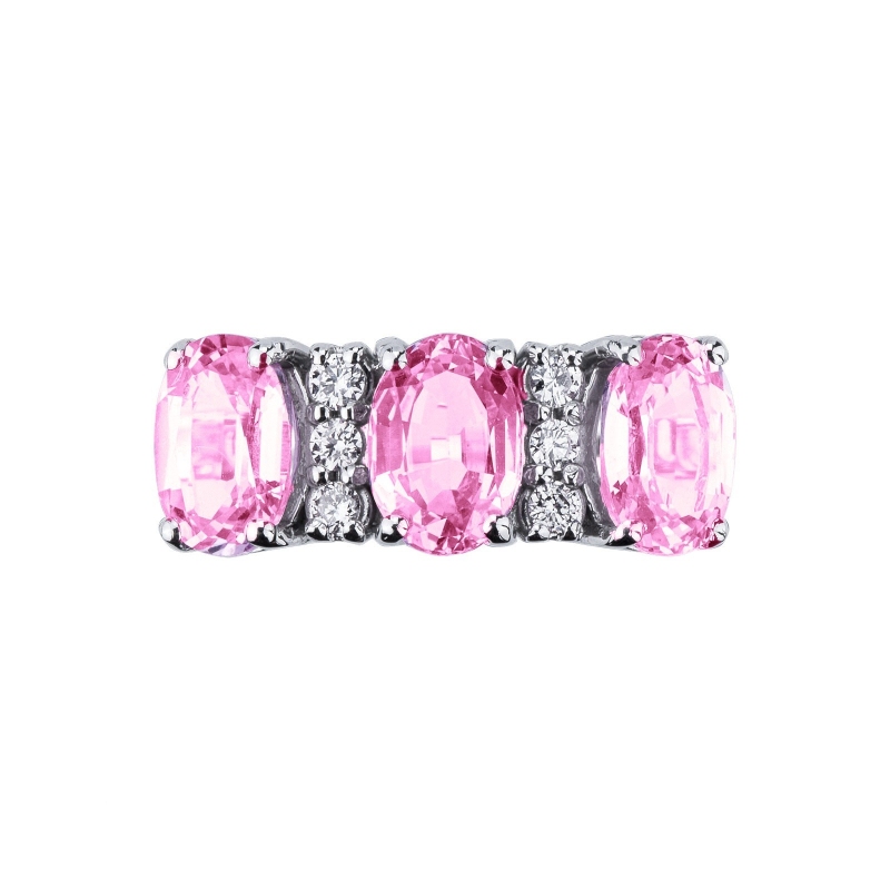 18k white gold with three pink sapphires and diamonds