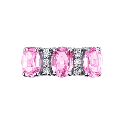 18k white gold with three pink sapphires and diamonds