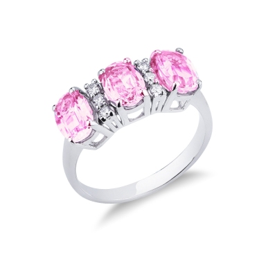 18k white gold with three pink sapphires and diamonds
