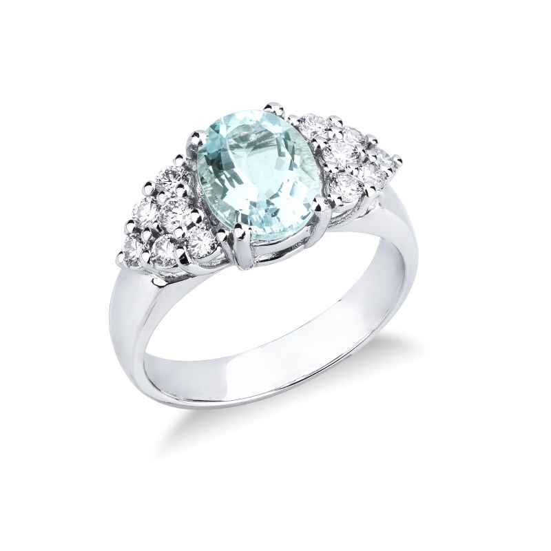 Anello acquamarina ovale e diamanti in oro bianco 18k