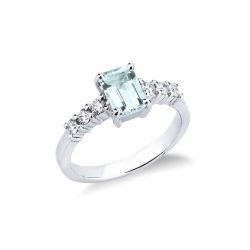 Anello con acquamarina centrale in oro bianco e diamanti 