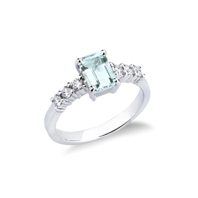 Anello con acquamarina centrale in oro bianco e diamanti 