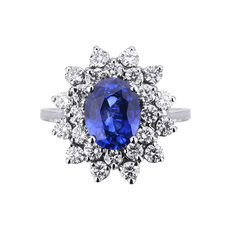 Diamond double halo ring with blue sapphire white gold 18k