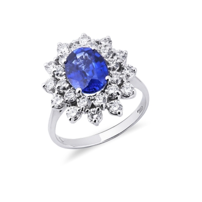 Diamond double halo ring with blue sapphire white gold 18k