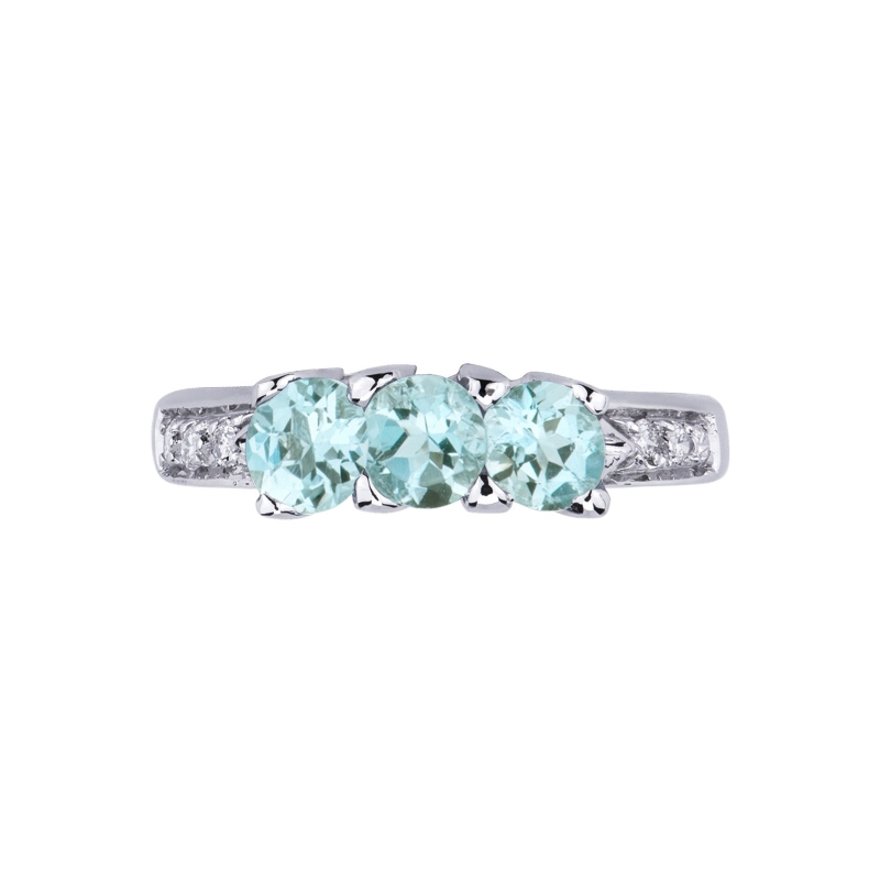 White gold 18k trilogy ring with diamonds and aquamarines