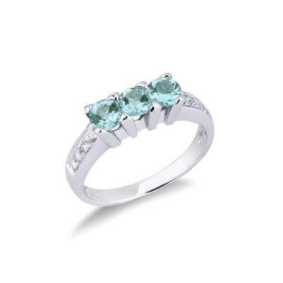 White gold 18k trilogy ring with diamonds and aquamarines