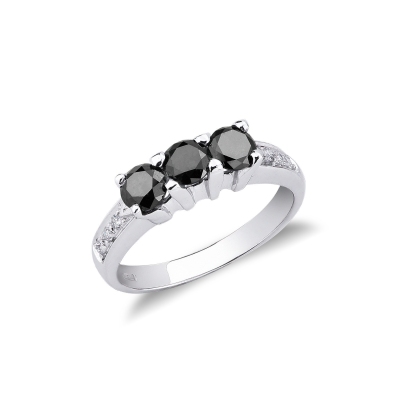 White gold trilogy ring 18k with black and white diamonds 