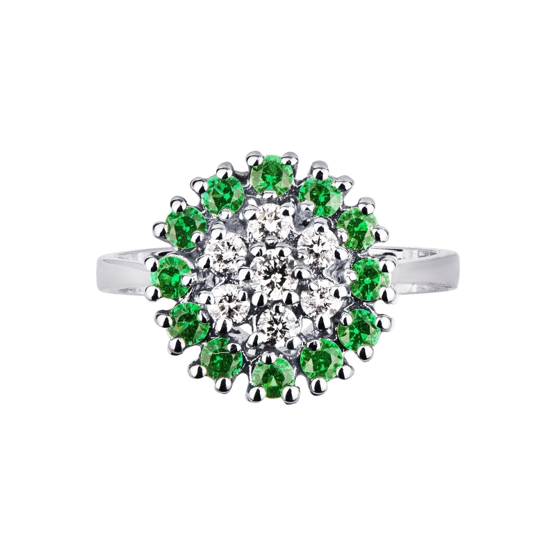 White gold 18k ring with halo emeralds and diamonds 