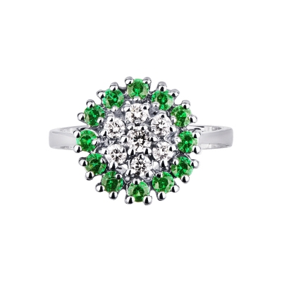 White gold 18k ring with halo emeralds and diamonds 