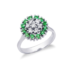 White gold 18k ring with halo emeralds and diamonds 