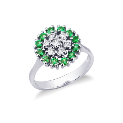 White gold 18k ring with halo emeralds and diamonds 