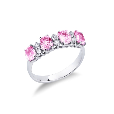 18k white gold ring with four pink sapphires and diamonds 