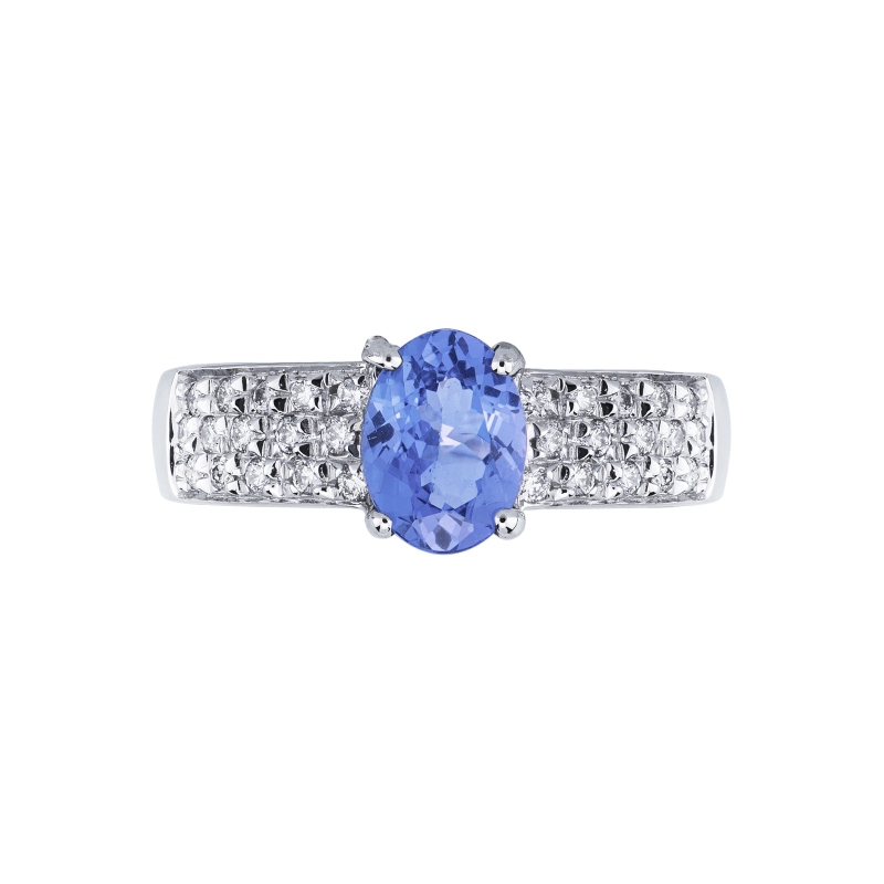 White gold 18k ring with central tanzanite and three diamonds rows