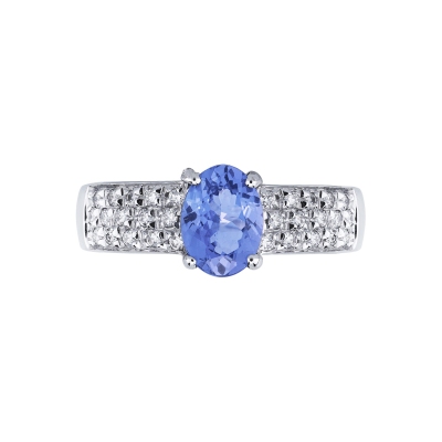 White gold 18k ring with central tanzanite and three diamonds rows