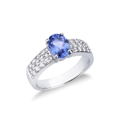 White gold 18k ring with central tanzanite and three diamonds rows