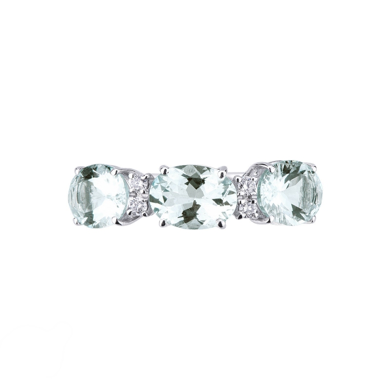 Anello con acquemarine ovali e diamanti trilogy in oro bianco