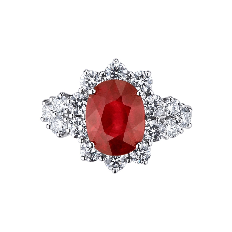 Halo ring white gold 18k with a central ruby and diamonds 