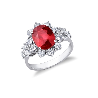 Halo ring white gold 18k with a central ruby and diamonds 