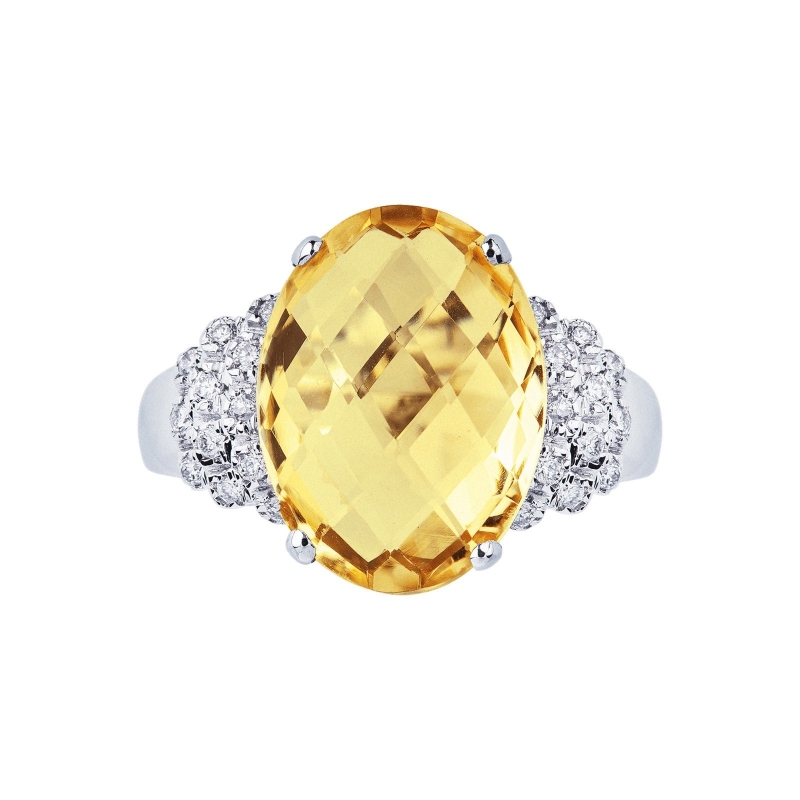 18k white gold ring with central citrine topaz and diamonds 