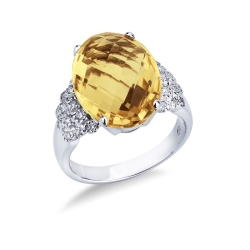 18k white gold ring with central citrine topaz and diamonds 