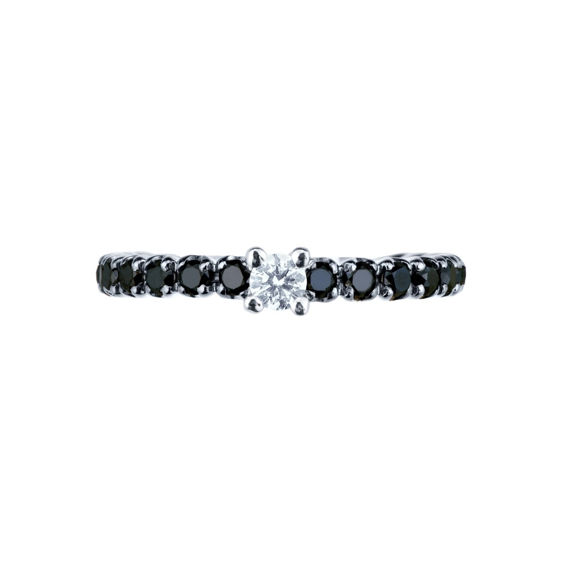 White gold 18k half eternity ring with black diamonds and a central white diamond 