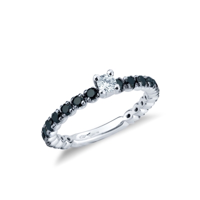 White gold 18k half eternity ring with black diamonds and a central white diamond 