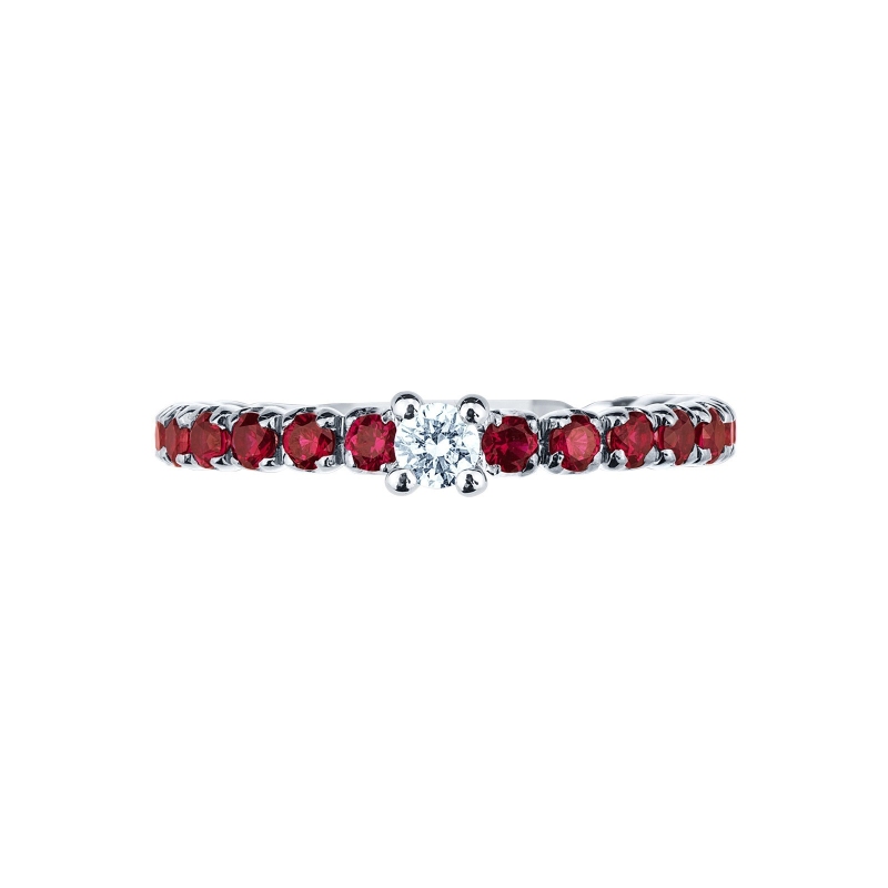 White gold 18k ring with a central diamond and rubies 
