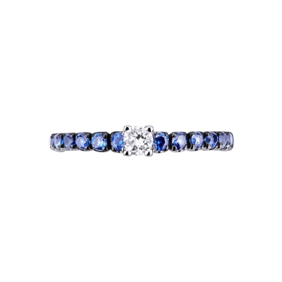 White gold 18k half eternity ring with blue sapphire and central diamond