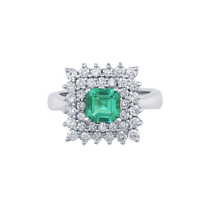 White gold 18k double halo diamond ring with emeralds