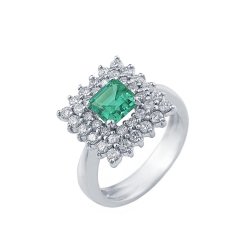 White gold 18k double halo diamond ring with emeralds