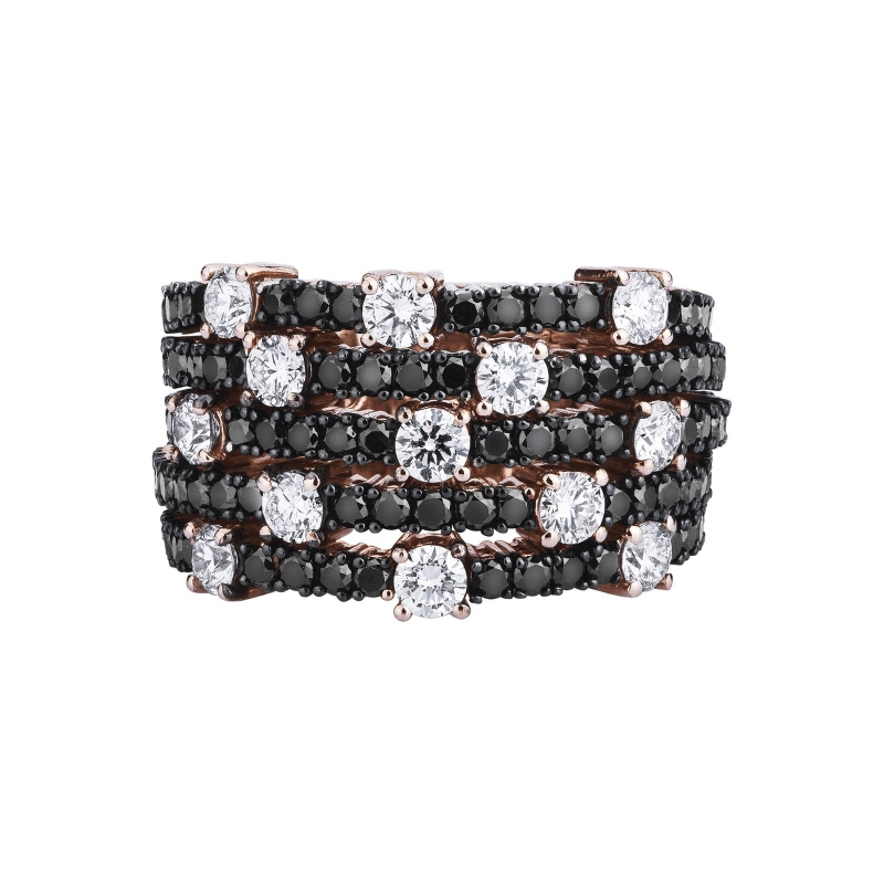 Tennis ring in rosé gold 18k with 5 rows of black and white diamonds 