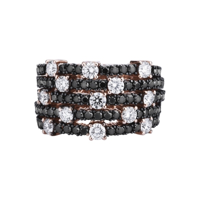 Tennis ring in rosé gold 18k with 5 rows of black and white diamonds 