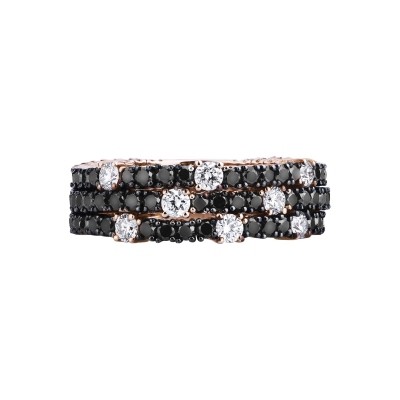 Tennis ring in rosé gold with black and white diamonds 