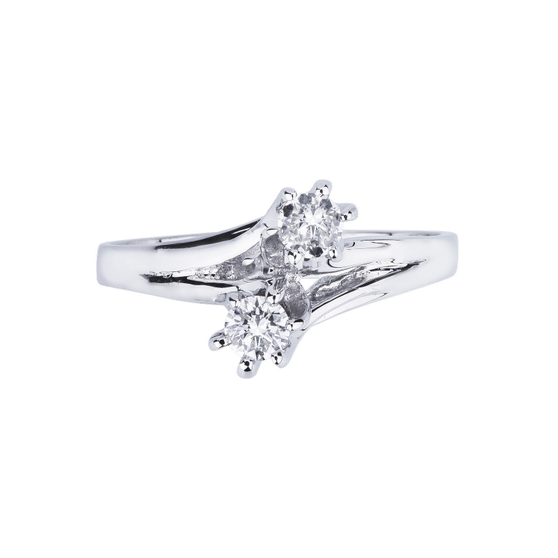 Curved split ring with two diamonds in white gold 18k 