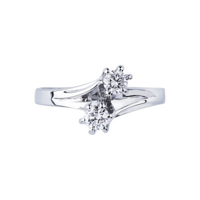 18k white gold curved shank ring with two diamonds 