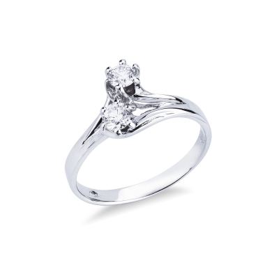 18k white gold curved shank ring with two diamonds 