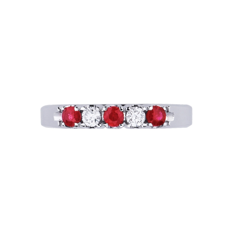 White gold 18k 5 stones half eternity ring with diamonds and rubies 