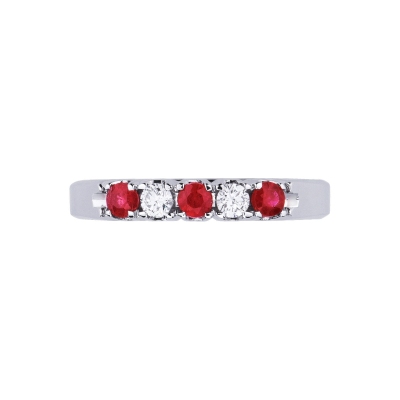 White gold 18k 5 stones half eternity ring with diamonds and rubies 