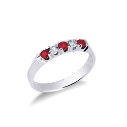 White gold 18k 5 stones half eternity ring with diamonds and rubies 