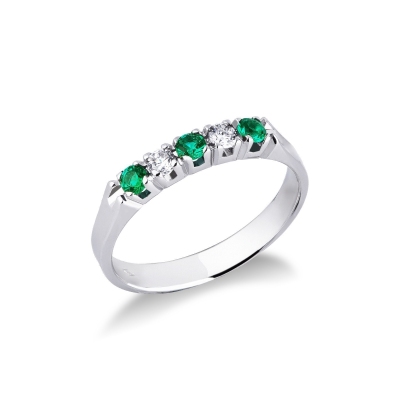 White gold 18k 5 stones ring with diamonds and emeralds 