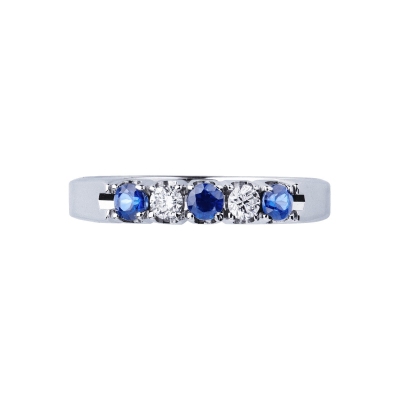5 stones half eternity ring with diamonds and blue sapphires 