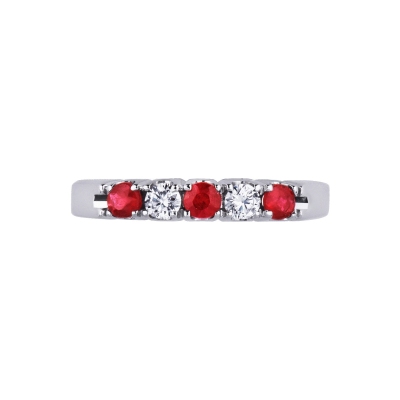 5 stones ring with diamonds and rubies in white gold 18k 
