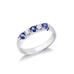 White gold 18k 5 stones ring with diamonds and blue sapphires 