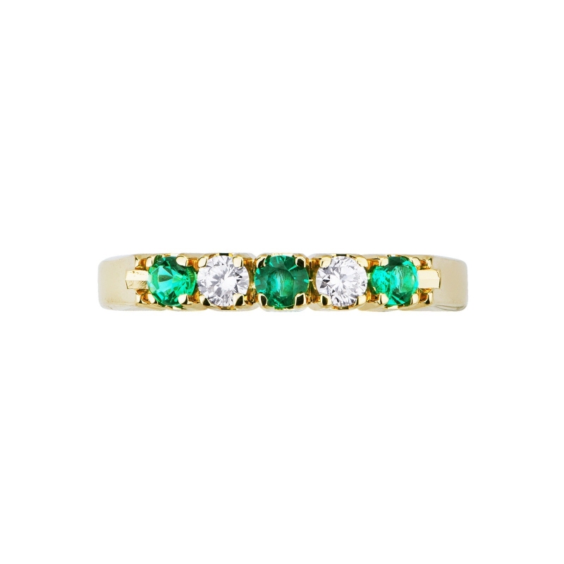 Yellow gold 18k 5 stones ring with diamonds and emeralds 